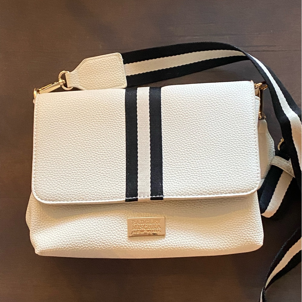 Badgley Mischka White Crossbody Bag with Black Stripes